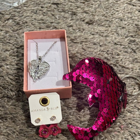 Jewelry - Pink Sequin Dolphin Keychain and Jewelry Set
